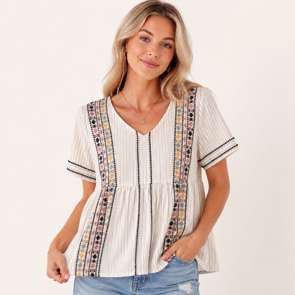 Mod Boutique Boho Peplum Top Size Small Embroidered Stripe Cottagecore Cotton